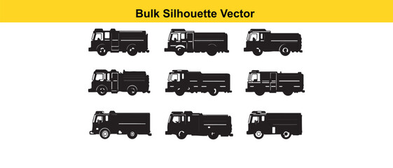 Bulk Silhouette Vector: Collection of Black Fire Trucks, Flat Design