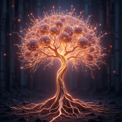 New year tree with fireworks lighting up the night sky
