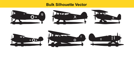 Bulk Silhouette Vector of Vintage Biplanes, Black and White Graphics