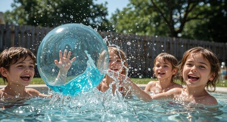 Children playing with a water ball in a swimming pool on a sunny day with a fence in the background