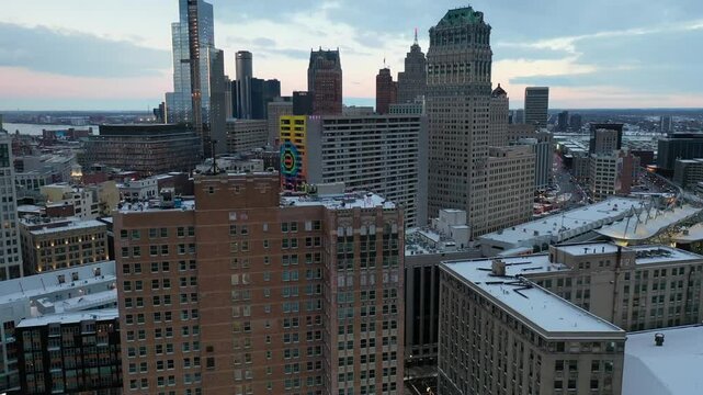 Cinematic aerial establishing shot of Detroit at winter