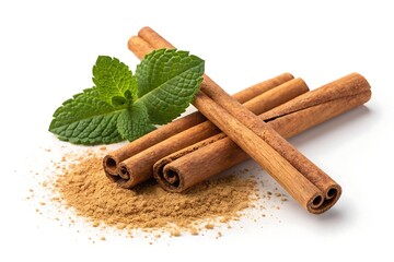 Cinnamon sticks and powder with mint leaves isolated in white background