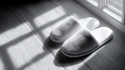 Comfortable indoor slippers on wooden floor near large window with sunlight streaming in for cozy home ambiance