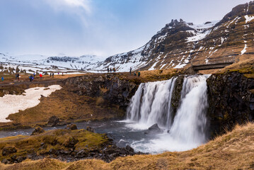 Kirkjufell mountain and the kirkjufellfoss waterfall at grundarfjordur at Snaefellsnes peninsula Iceland