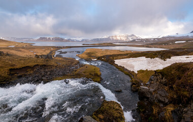 kirkjufellfoss waterfall near Kirkjufell mountain church at Snaefellsnes peninsula Iceland