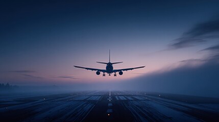 Commercial airplane landing at sunset on runway with dramatic sky and flight path visible in the distance