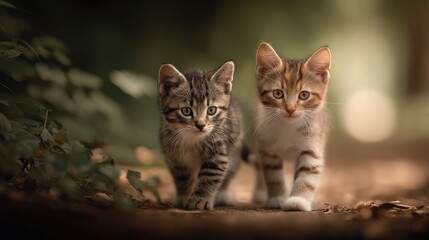 Fototapeta premium Two curious playful kittens with striped and orange fur explo outdoors on a sunny day with green foliage