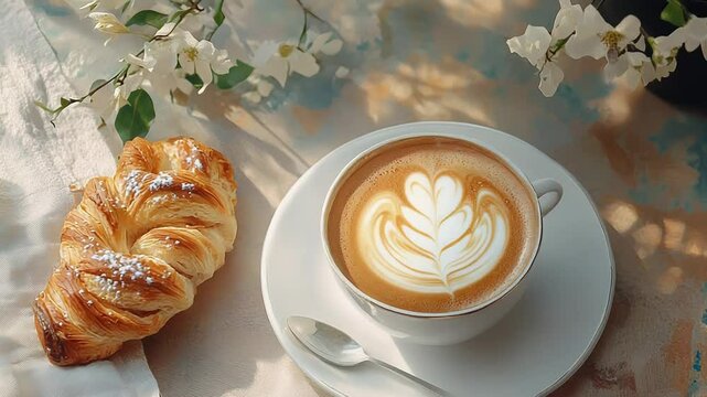 Delicious cappuccino with latte art and a sweet pastry for breakfast