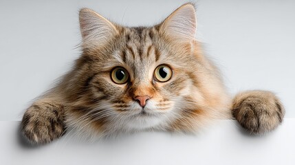 Adorable and curious long-haired tabby cat with bright eyes peeking over white surface on plain background