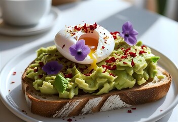 Delicious Avocado Toast with Poached Egg and Edible Flowers