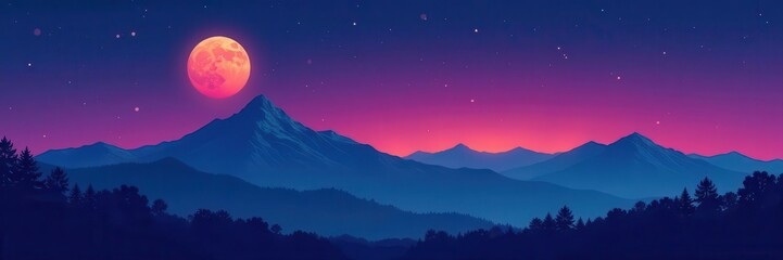 Minimalist mountain range line art; moonlit landscape , pattern, stars