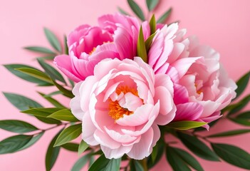 Fototapeta premium Elegant pink & white peony bouquet on blush pink background with lush green leaves, flowers, leaves