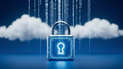 Cybersecurity Symbol: A striking padlock icon glows with a digital aura, representing data protection and security, data transfer, set against a backdrop of ethereal clouds and falling binary code. - Powered by Adobe