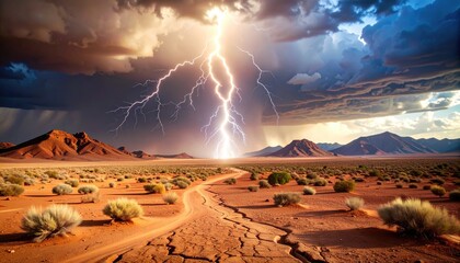 Dramatic lightning storm over desert