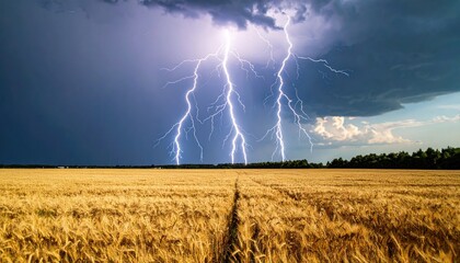 Dramatic lightning storm over golden wheat field
