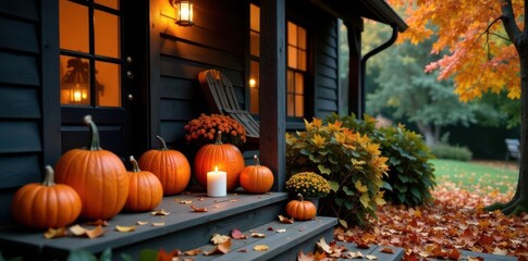 Obraz premium Rustic porch, Halloween pumpkins, candles, autumn leaves , country, season, leaves