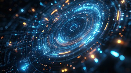 Digital cosmic navigator portal glowing with neon blue lines illustrating futuristic space travel and digital technology themes