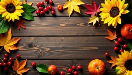 Rustic wooden table, autumn leaves, sunflowers, berries, autumnal, autumn wedding, romantic