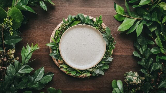 Empty Plate with Greenery: A pristine white plate encircled by vibrant green foliage rests on a rich dark brown wooden surface, creating a captivating visual for a restaurant menu, cookbook.