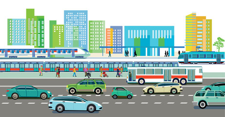 Stadtsilhouette einer  Stadt mit Bus, Autos und Metro, Schnellzug, Illustration