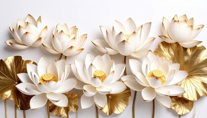 Elegant white lotus flowers on gold leaves