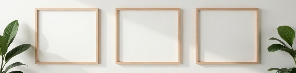 Fototapeta premium Three blank square frames, wall mounted, interior setting , space, wooden, background