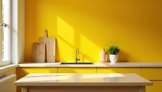 Textured mustard yellow kitchen wall, minimalist table Ideal for product display , texture, background