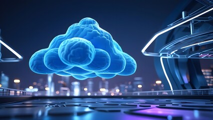 Futuristic city landscape with cloud data representation and advanced technology