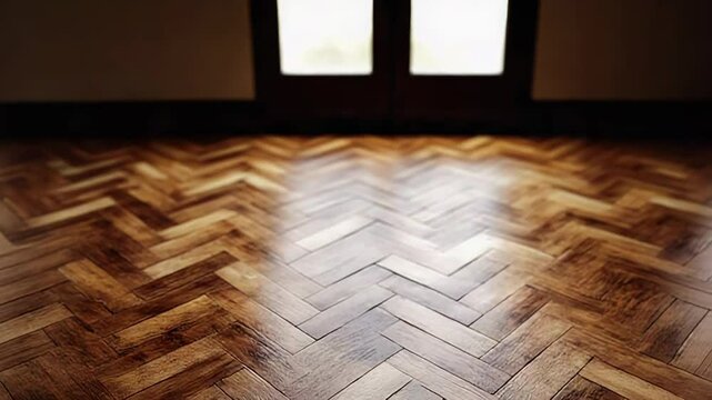 Polished herringbone parquet floor reflecting light from window