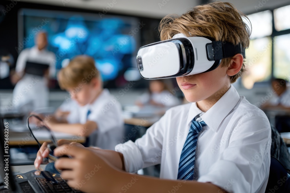 Poster students engage in virtual reality learning in modern classroom setting