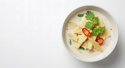 Creamy Coconut Bamboo Shoot Soup with Chili and Cilantro.