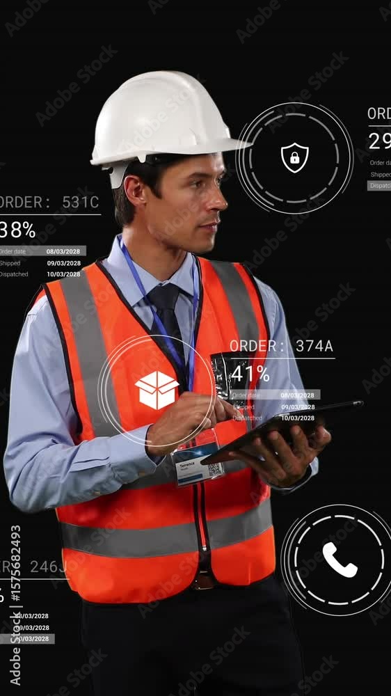 Poster animation of icons with data processing over caucasian male worker using tablet