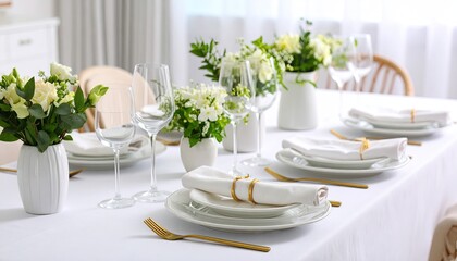 Fototapeta premium Elegant white table setting with flowers