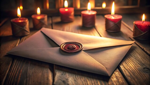 Sealed envelope with wax seal and candles on wooden table