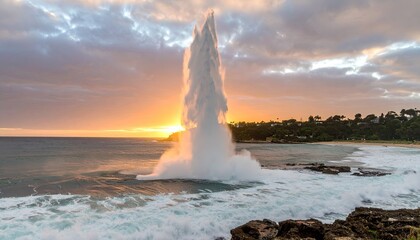 Dramatic ocean geyser at sunrise
