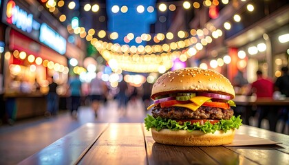 Delicious burger in a bustling street food market