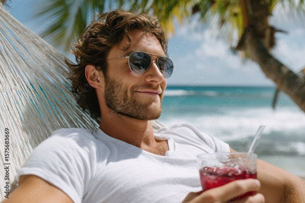 Poster enjoying a cool drink while relaxing in a hammock on a sunny beach