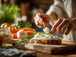 hands spreading soft white cheese on rustic bread slice with a spoon