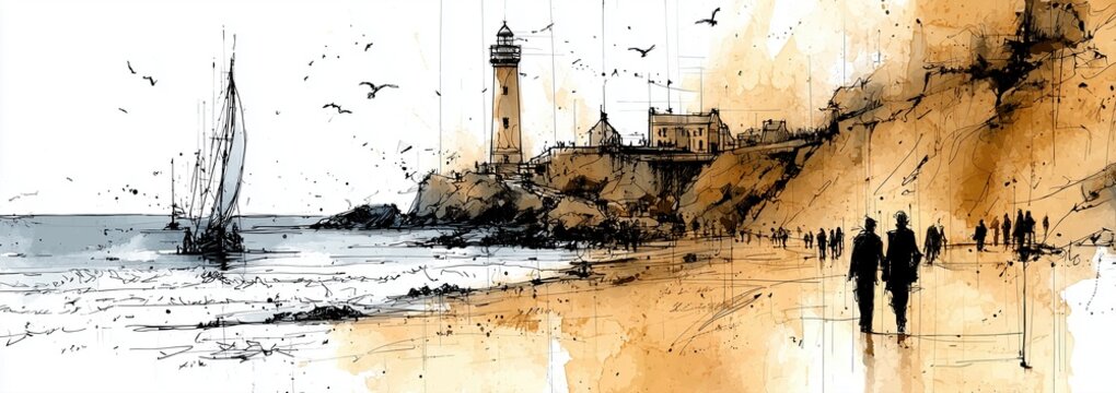 Dessin au trait d'un phare cotier et promeneurs sur une plage