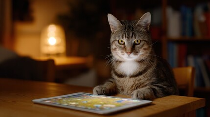 Curious cat engaged with tablet cozy home setting digital interaction evening atmosphere close-up perspective