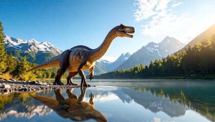 Dinosaur by a mountain lake at dawn
