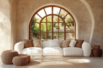 white sofa in a boho style room with an arched window and stucco walls, exemplifying rustic interior design for a modern living room. Created with, Generative AI