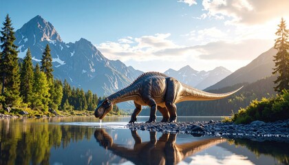 Dinosaur drinks by mountain lake