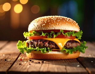 Delicious burger on a wooden table