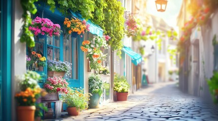 Obraz premium Charming European Street with Flowers: A picturesque European streetscape bursts with colorful flowers and lush greenery, evoking a sense of tranquility and old-world charm. The quaint buildings.