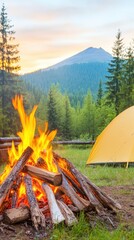 Camping Serenity: A warm campfire crackles invitingly, casting a golden glow against the backdrop of a tranquil campsite nestled amidst towering trees, a majestic mountain peak, and a vibrant sunset.
