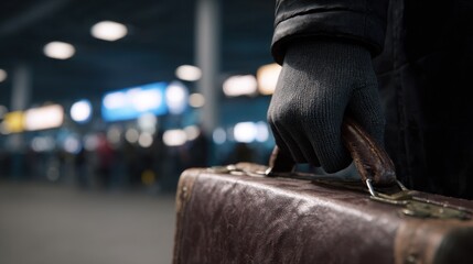 Naklejka premium Mysterious figure with briefcase at airport terminal travel scene urban environment close-up perspective