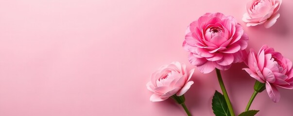 Fototapeta premium Delicate ranunculus blooms, pink backdrop Flatlay floral arrangement , floral photography, design