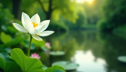 Delicate white flower blooms near tranquil pond; soft focus background , pastel, background, freshness