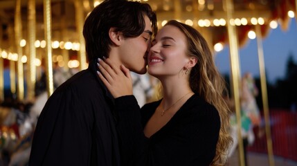 Obraz premium Romantic moment carousel photography amusement park evening love and connection